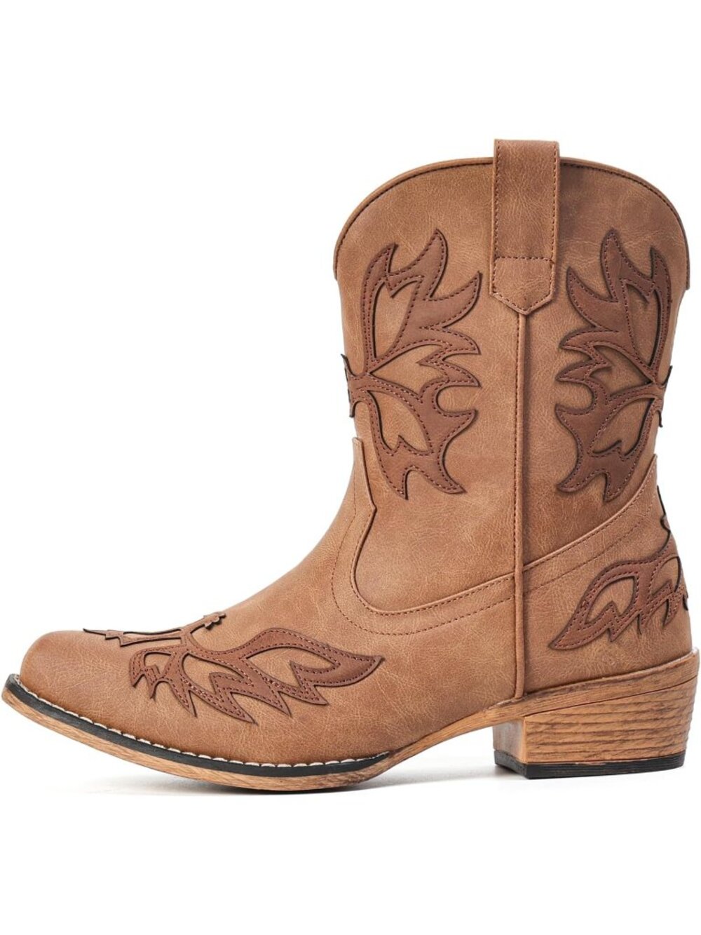 Women's Light Brown Ankle Cowgirl Boots Embroidered Wide Fashion Low Chunky Heel